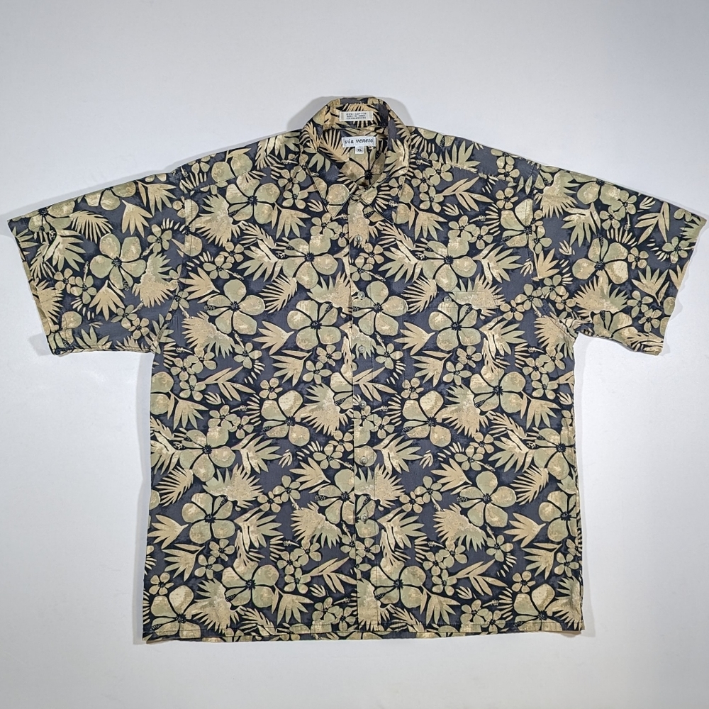 Vintage Via Veneto Hawaiian Shirt Men's Size XL Cotton 90s Blue Green Button Up